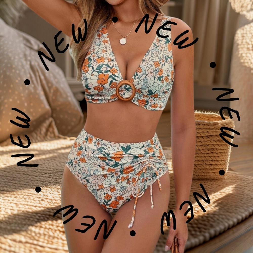 BMJL Floral High-Waisted Bikini Set V Neck TUMMY CONTROL Triangle Top NWT XL